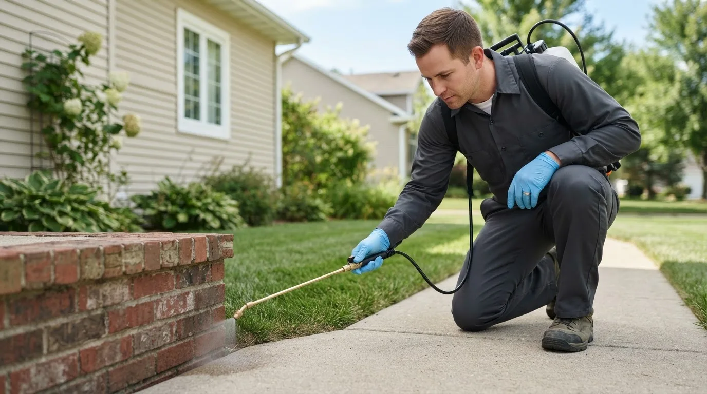 Pest control technician treating a home near Lancaster, OH