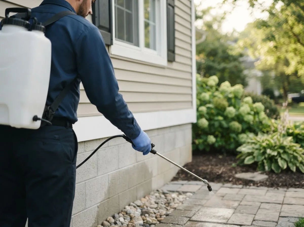 Pest control technician inspecting a home in Lancaster, OH